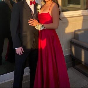 Red satin cowl neck gown